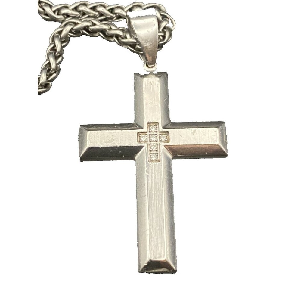 Stainless Steel Cross With 5 Inset Diamonds On 24" Wheat Chain Silver Tone